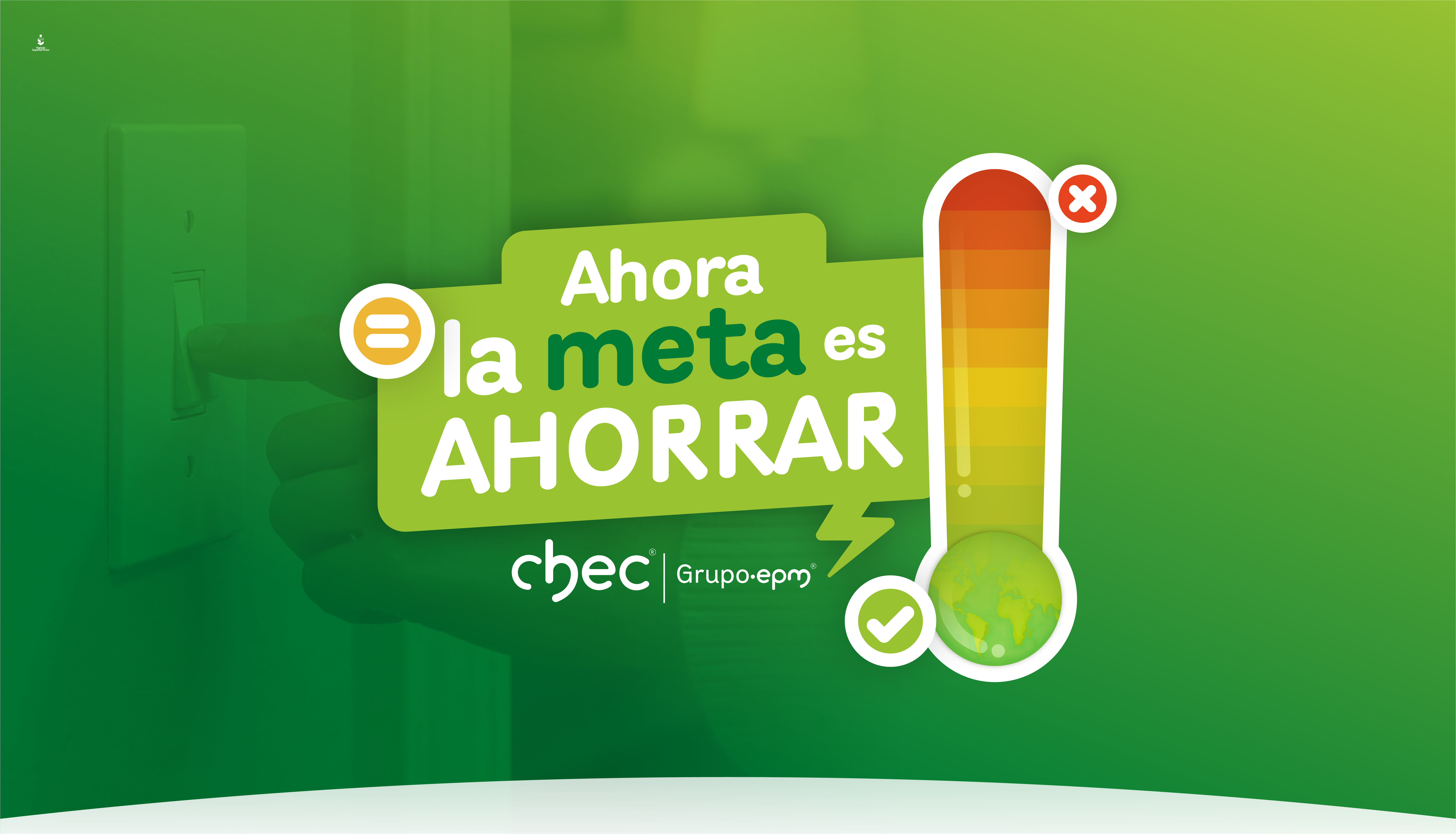 "Anuncio de ahorro energético de CHEC: 'Ahora la meta es AHORRAR'. Incluye un termómetro y un enlace a más información."