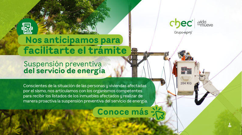 Logo de CHEC Grupo EPM con el lema "la vida nos mueve" sobre un fondo verde con la imagen de su edificio corporativo.